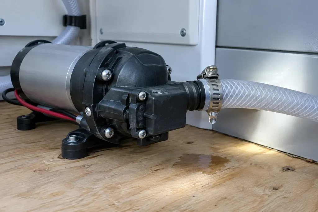 Water drop forming at a hose clamp on an RV water pump outlet