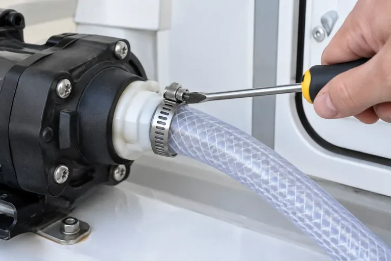 Tightening a hose clamp on an RV water pump hose