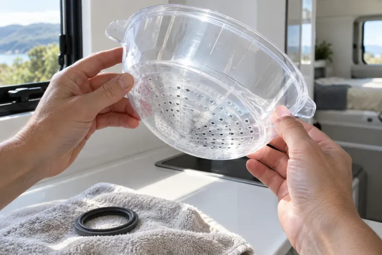 Inspecting an RV water pump strainer bowl for cracks