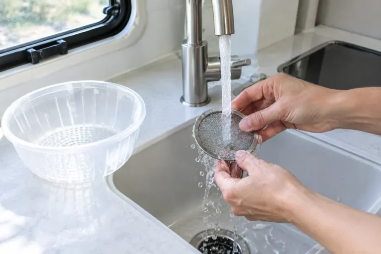 Rinsing an RV water pump strainer screen under a faucet