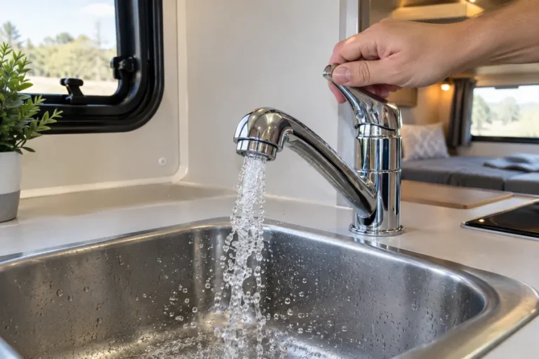 Opening an RV kitchen faucet to bleed air from the water lines