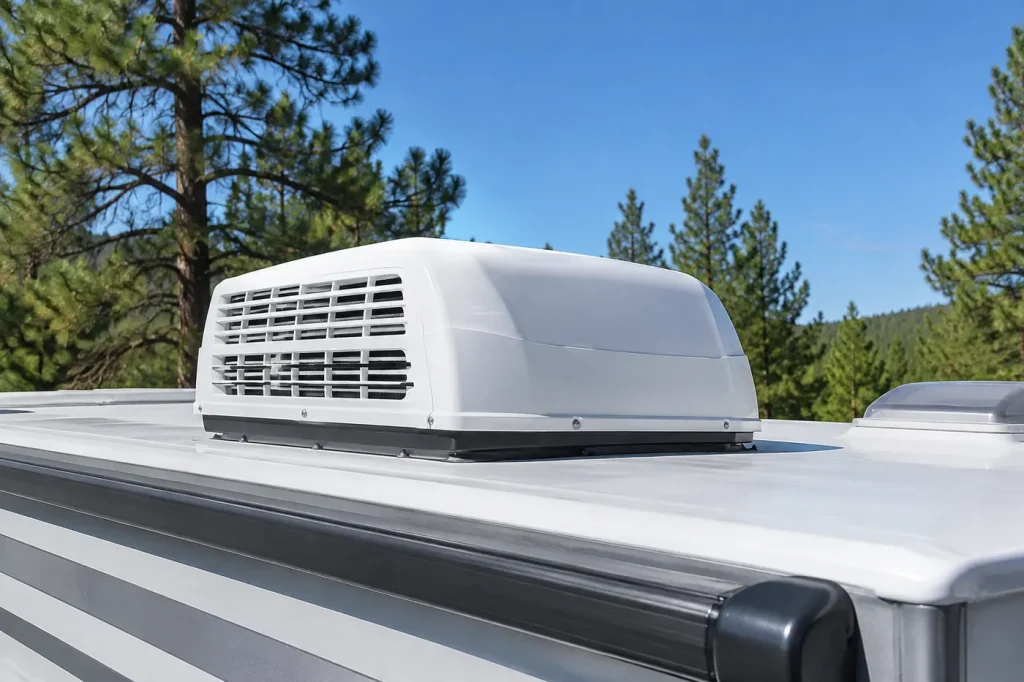 Rooftop RV air conditioner on a travel trailer