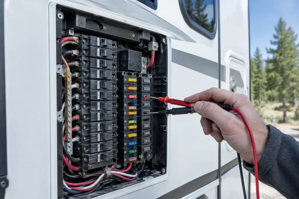 RV power center with breakers and fuses being tested with a multimeter