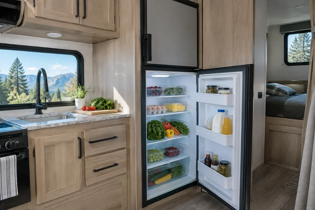 Two-door RV refrigerator in a travel trailer kitchen