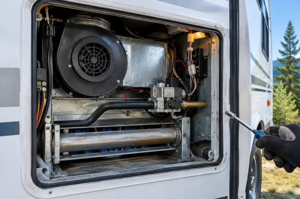 RV furnace with the access panel removed
