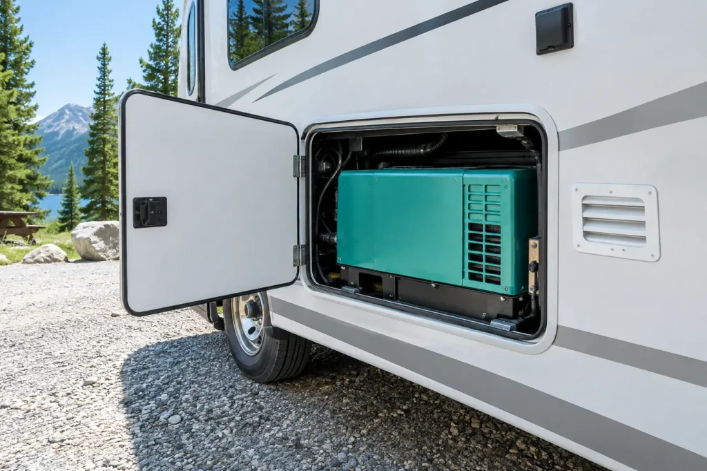 Onboard RV generator in its open compartment