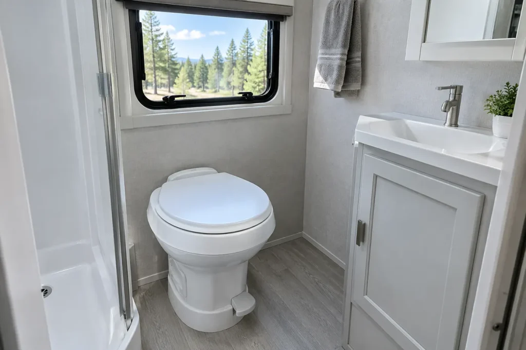 RV toilet with a foot flush pedal in a small bathroom