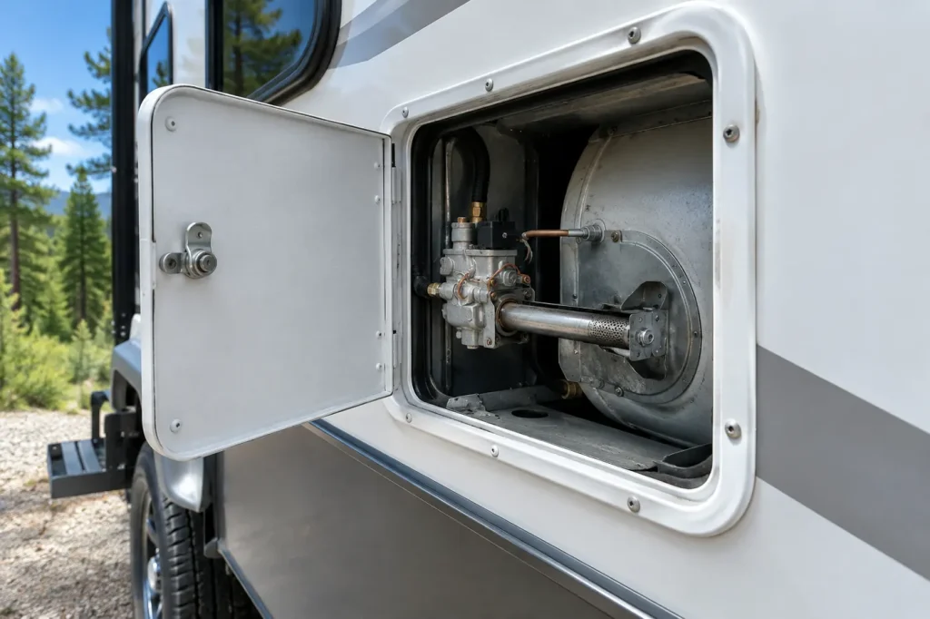 RV water heater exterior access door open